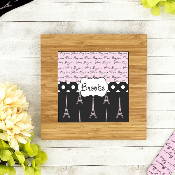 Paris Bonjour and Eiffel Tower Bamboo Trivet with 6" Tile - LIFESTYLE