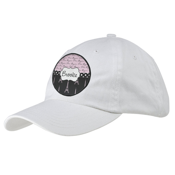 Custom Paris Bonjour and Eiffel Tower Baseball Cap - White (Personalized)