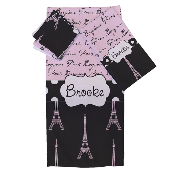Custom Paris Bonjour and Eiffel Tower Bath Towel Set - 3 Pcs (Personalized)