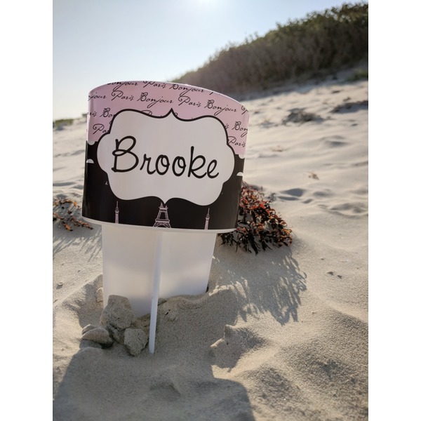 Paris Bonjour and Eiffel Tower Beach Spiker white on beach with sand