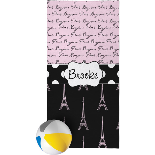Custom Paris Bonjour and Eiffel Tower Beach Towel (Personalized)