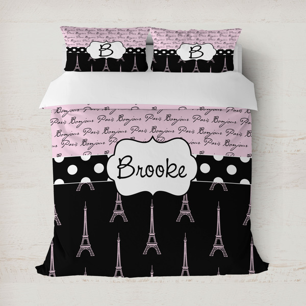 Custom Paris Bonjour and Eiffel Tower Duvet Cover (Personalized)