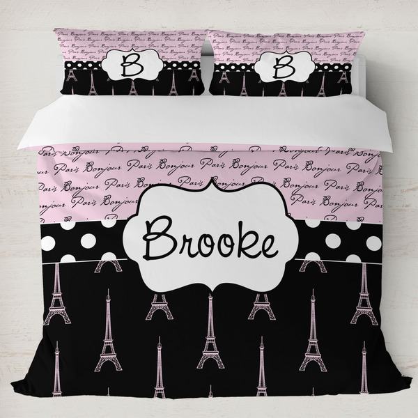 Custom Paris Bonjour and Eiffel Tower Duvet Cover Set - King (Personalized)