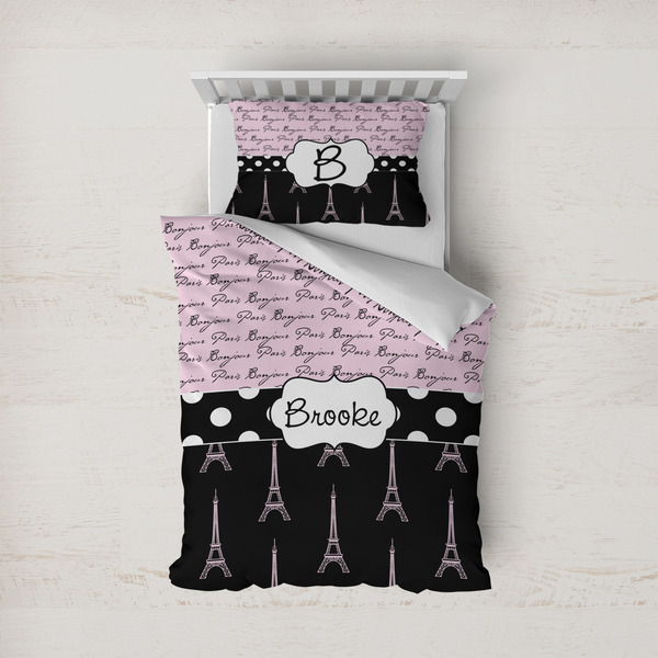 Custom Paris Bonjour and Eiffel Tower Duvet Cover Set - Twin (Personalized)