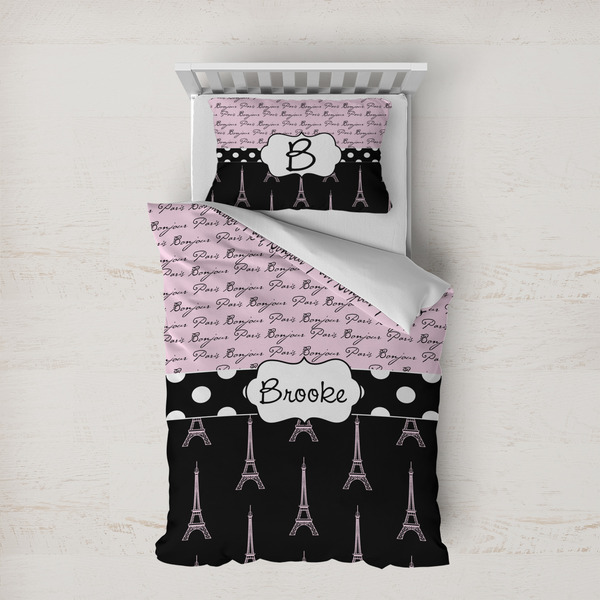 Custom Paris Bonjour and Eiffel Tower Duvet Cover Set - Twin XL (Personalized)