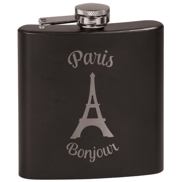 Custom Paris Bonjour and Eiffel Tower Black Flask Set (Personalized)