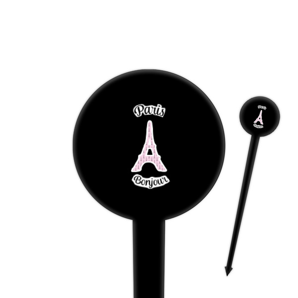 Custom Paris Bonjour and Eiffel Tower 4" Round Plastic Food Picks - Black - Single Sided (Personalized)