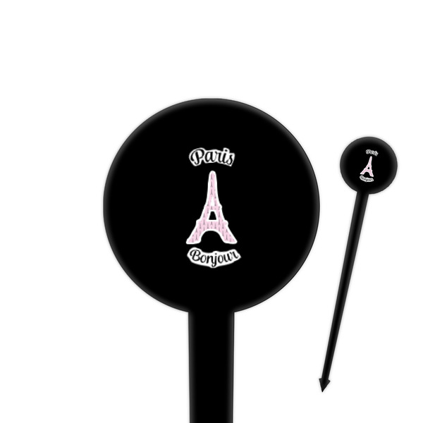 Custom Paris Bonjour and Eiffel Tower 4" Round Plastic Food Picks - Black - Double Sided (Personalized)