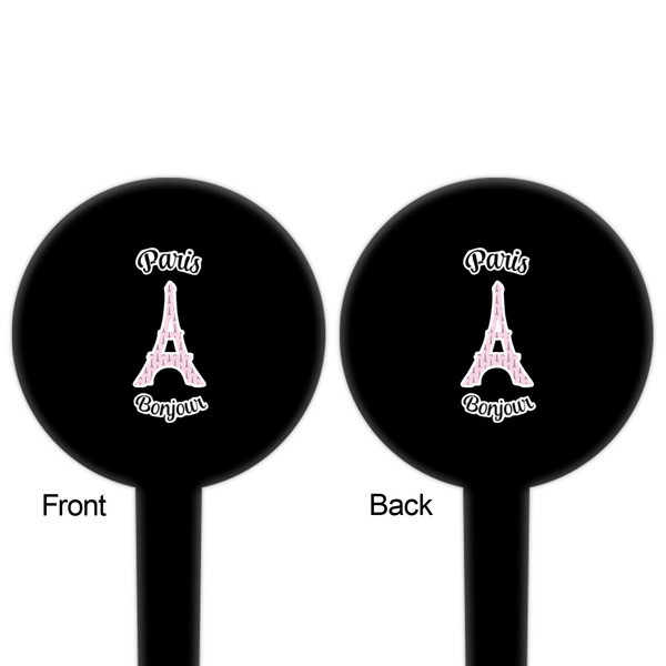 Paris Bonjour and Eiffel Tower Black Plastic 4" Food Pick - Round - Double Sided - Front & Back