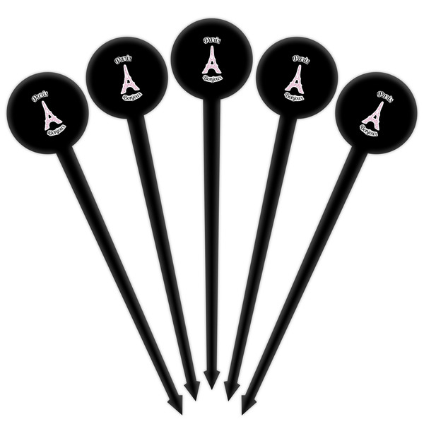 Paris Bonjour and Eiffel Tower Black Plastic 4" Food Pick - Round - Fan View