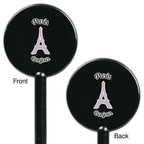 Paris Bonjour and Eiffel Tower Black Plastic 5.5" Stir Stick - Double Sided - Round - Front & Back