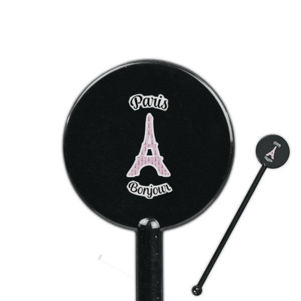 Custom Paris Bonjour and Eiffel Tower 5.5" Round Plastic Stir Sticks - Black - Single Sided (Personalized)