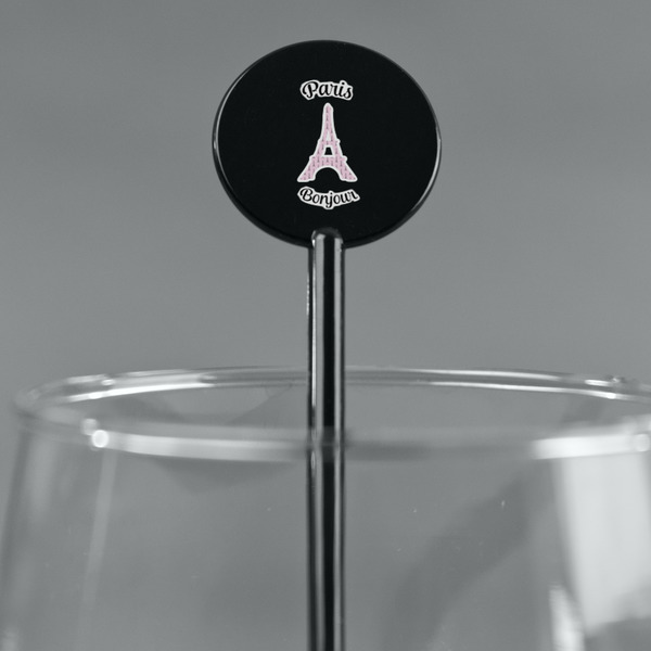 Paris Bonjour and Eiffel Tower Black Plastic 5.5" Stir Stick - Round - Main