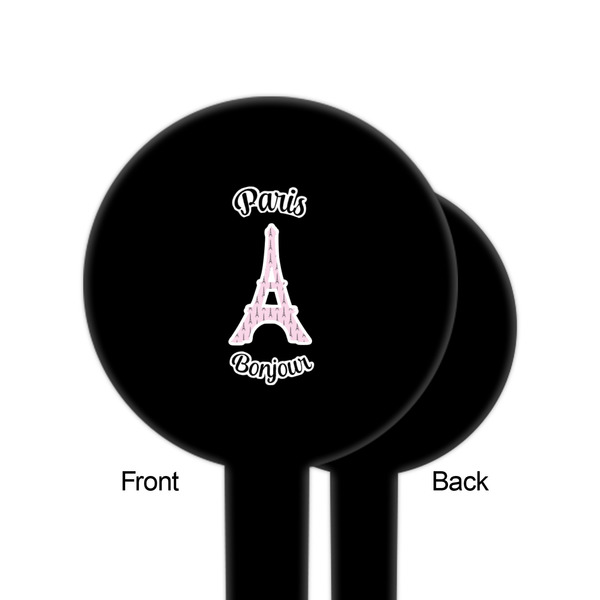Paris Bonjour and Eiffel Tower Black Plastic 6" Food Pick - Round - Single Sided - Front & Back