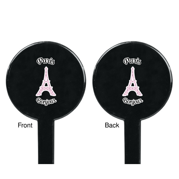 Paris Bonjour and Eiffel Tower Black Plastic 7" Stir Stick - Double Sided - Round - Front & Back