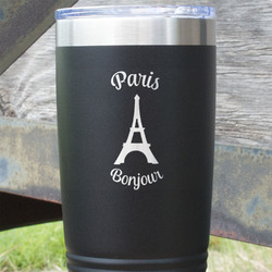 Paris Bonjour and Eiffel Tower 20 oz Stainless Steel Tumbler - Black - Single Sided (Personalized)