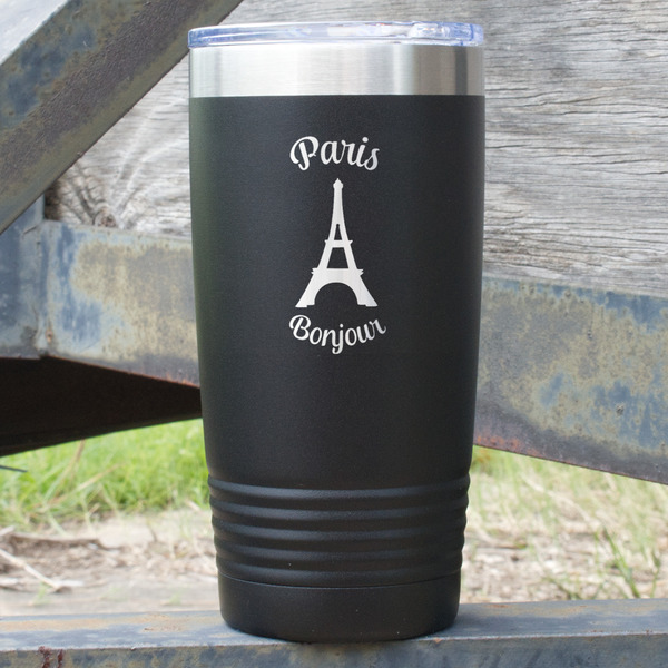 Custom Paris Bonjour and Eiffel Tower 20 oz Stainless Steel Tumbler - Black - Double Sided (Personalized)