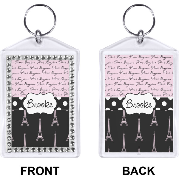 Paris Bonjour and Eiffel Tower Bling Keychain (Front + Back)