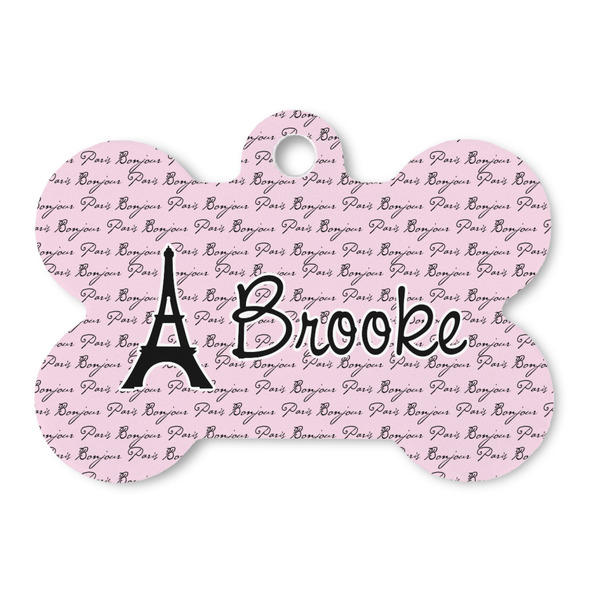 Custom Paris Bonjour and Eiffel Tower Bone Shaped Dog ID Tag (Personalized)