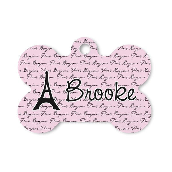 Custom Paris Bonjour and Eiffel Tower Bone Shaped Dog ID Tag - Small (Personalized)