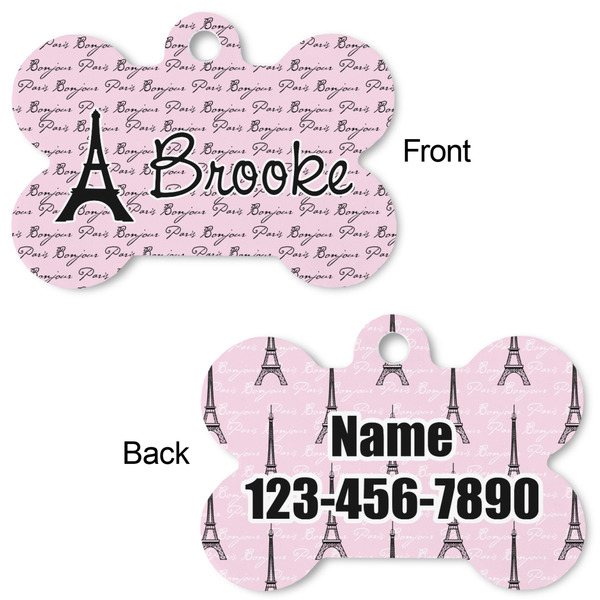 Paris Bonjour and Eiffel Tower Bone Shaped Dog Tag - Front & Back