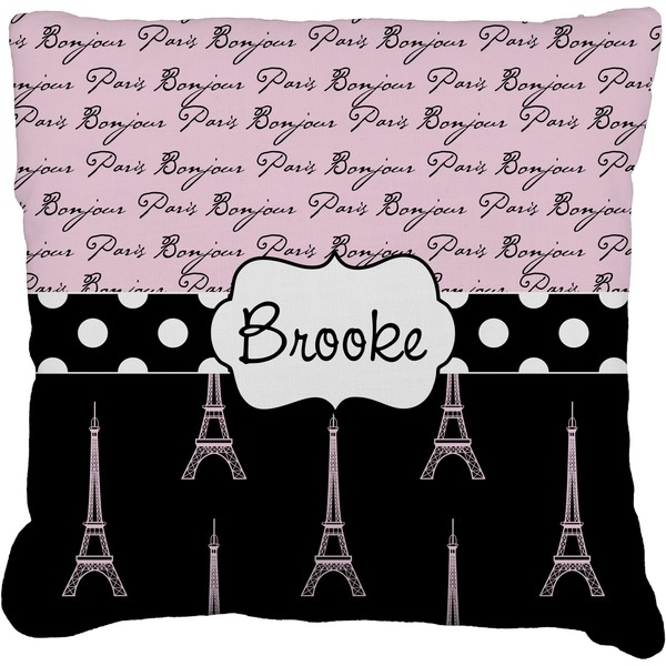 Custom Paris Bonjour and Eiffel Tower Faux-Linen Throw Pillow 20" (Personalized)