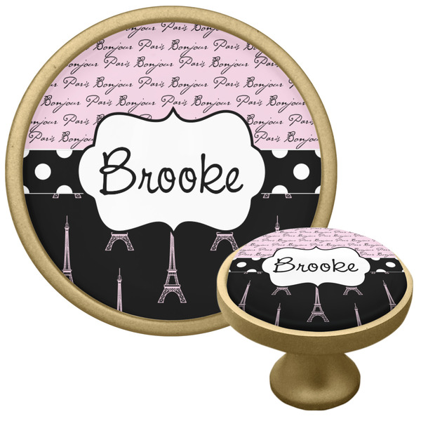 Custom Paris Bonjour and Eiffel Tower Cabinet Knob - Gold (Personalized)