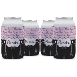 Paris Bonjour and Eiffel Tower Can Cooler (12 oz) - Set of 4 w/ Name or Text