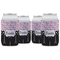 Paris Bonjour and Eiffel Tower Can Cooler (12 oz) - Set of 4 w/ Name or Text