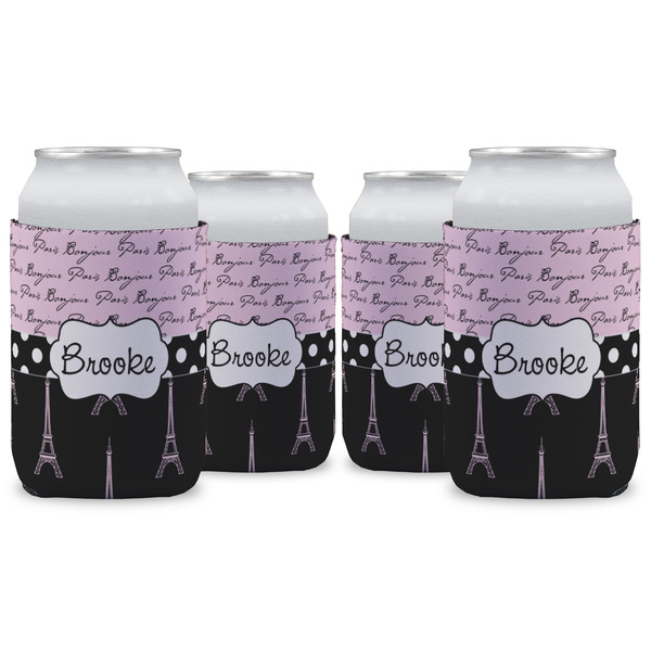 Custom Paris Bonjour and Eiffel Tower Can Cooler (12 oz) - Set of 4 w/ Name or Text