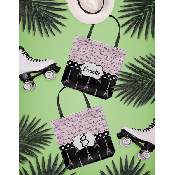 Paris Bonjour and Eiffel Tower Canvas Tote Lifestyle Front and Back- 13x13