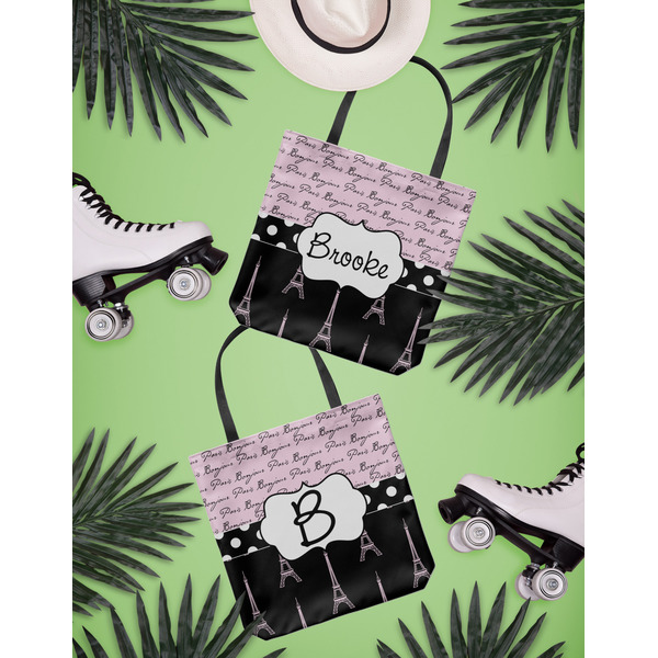 Paris Bonjour and Eiffel Tower Canvas Tote Lifestyle Front and Back