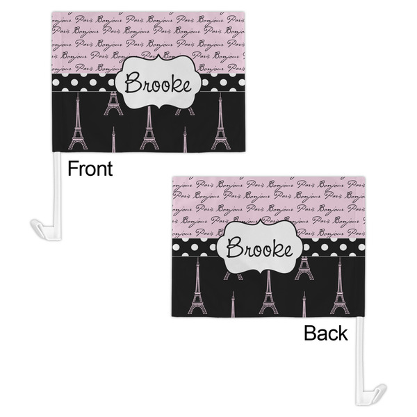 Paris Bonjour and Eiffel Tower Car Flag - 11" x 8" - Front & Back View