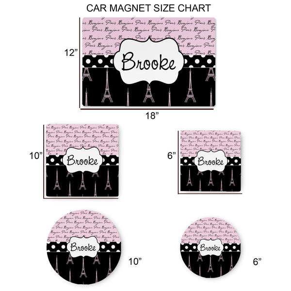 Paris Bonjour and Eiffel Tower Car Magnets - SIZE CHART
