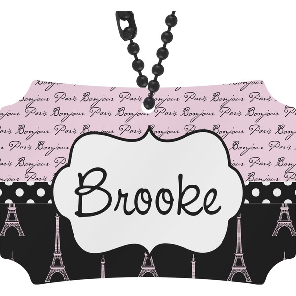 Custom Paris Bonjour and Eiffel Tower Rear View Mirror Ornament (Personalized)