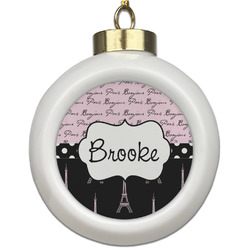 Paris Bonjour and Eiffel Tower Ceramic Ball Ornament (Personalized)