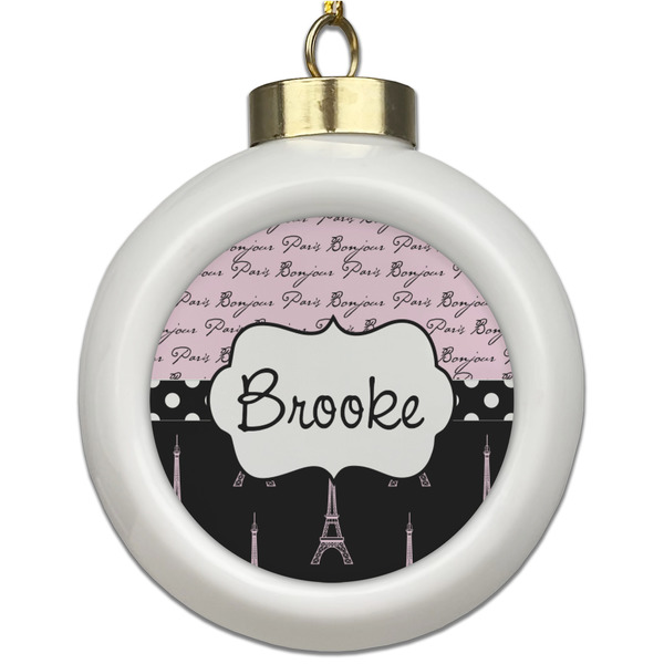 Custom Paris Bonjour and Eiffel Tower Ceramic Ball Ornament (Personalized)