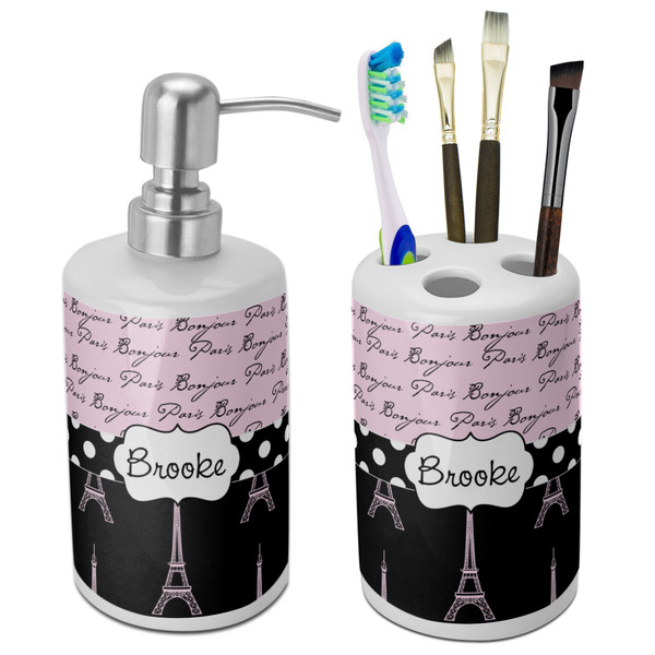 Custom Paris Bonjour and Eiffel Tower Ceramic Bathroom Accessories Set (Personalized)