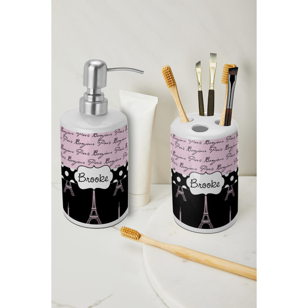 Paris Bonjour and Eiffel Tower Ceramic Bathroom Accessories - LIFESTYLE (toothbrush holder & soap dispenser)