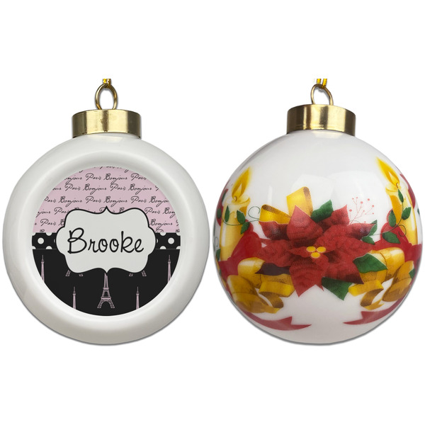 Paris Bonjour and Eiffel Tower Ceramic Christmas Ornament - Poinsettias (APPROVAL)