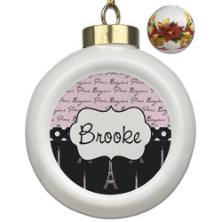 Paris Bonjour and Eiffel Tower Ceramic Ball Ornaments - Poinsettia Garland (Personalized)