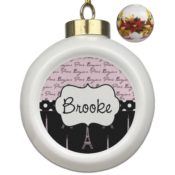 Custom Paris Bonjour and Eiffel Tower Ceramic Ball Ornaments - Poinsettia Garland (Personalized)