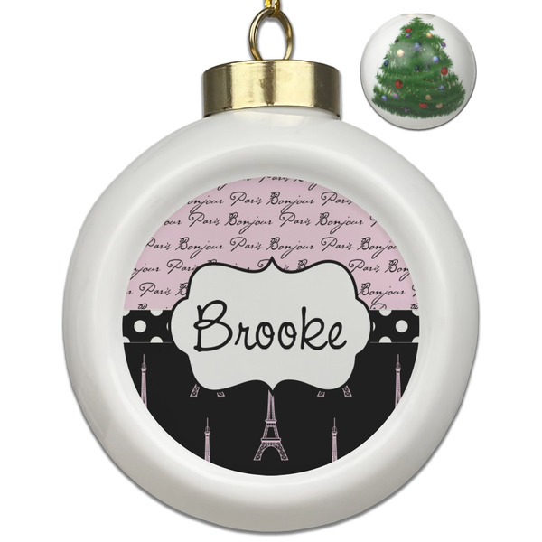 Custom Paris Bonjour and Eiffel Tower Ceramic Ball Ornament - Christmas Tree (Personalized)