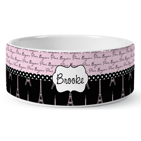 Paris Bonjour and Eiffel Tower Ceramic Dog Bowl - Medium - Front