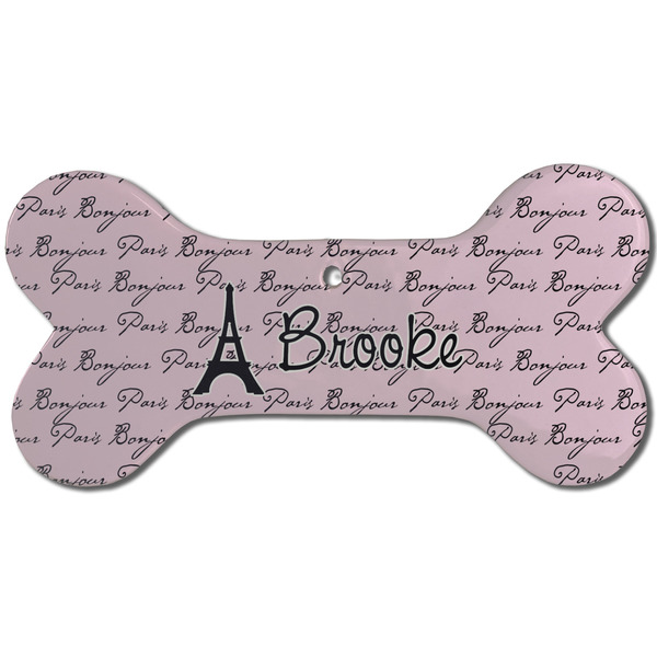 Custom Paris Bonjour and Eiffel Tower Ceramic Dog Ornament - Front w/ Name or Text