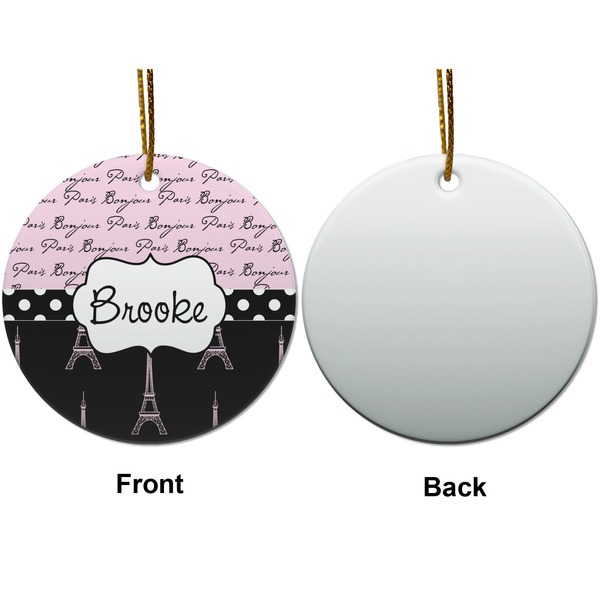 Paris Bonjour and Eiffel Tower Ceramic Flat Ornament - Circle Front & Back (APPROVAL)