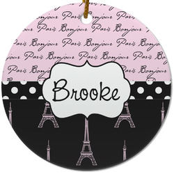 Paris Bonjour and Eiffel Tower Round Ceramic Ornament w/ Name or Text
