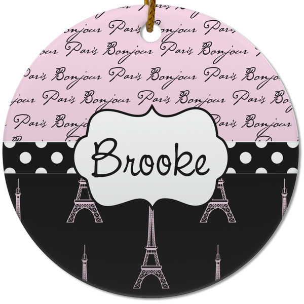 Custom Paris Bonjour and Eiffel Tower Round Ceramic Ornament w/ Name or Text