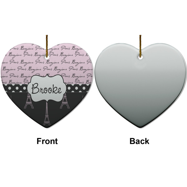 Paris Bonjour and Eiffel Tower Ceramic Flat Ornament - Heart Front & Back (APPROVAL)