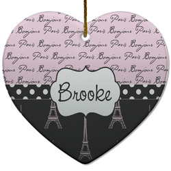 Paris Bonjour and Eiffel Tower Heart Ceramic Ornament w/ Name or Text
